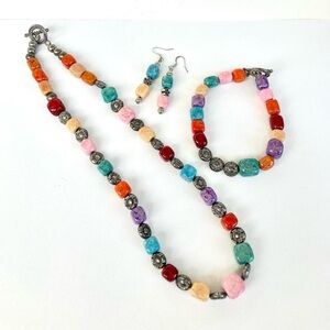 Matching beaded stone rainbow jewelry set necklace bracelet and earrings